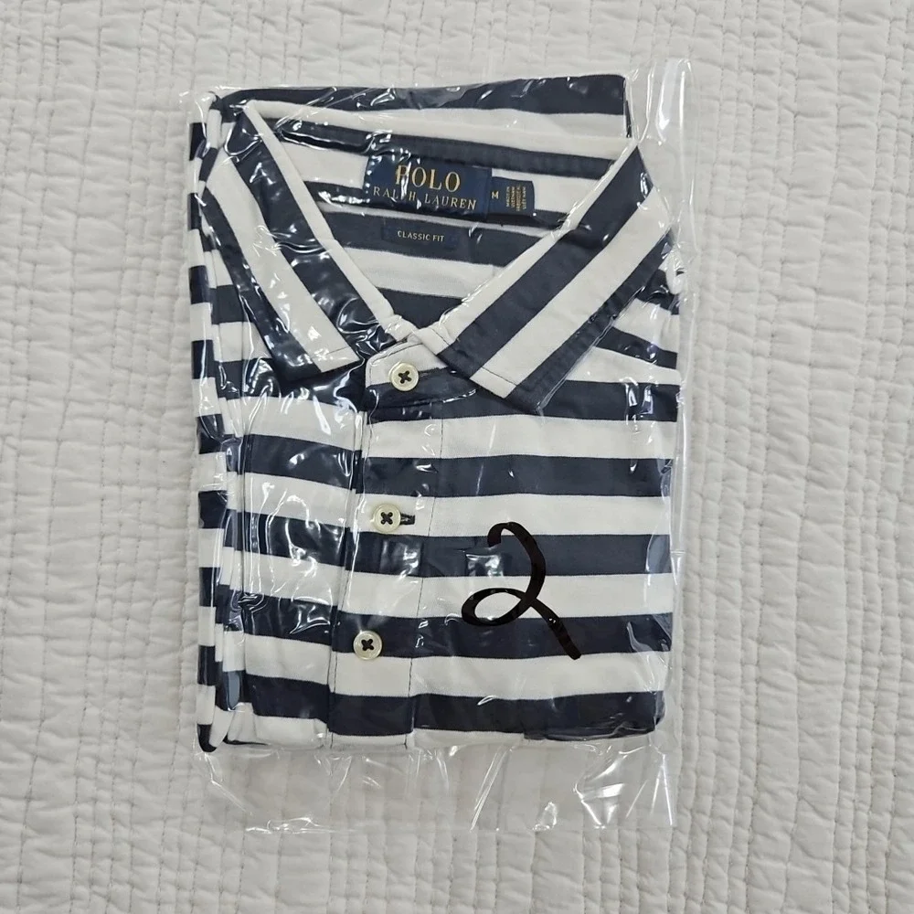 Polo Ralph Lauren Navy Blue Stripe Polo Shirt Men's M Medium Short Sleeve EUC LN